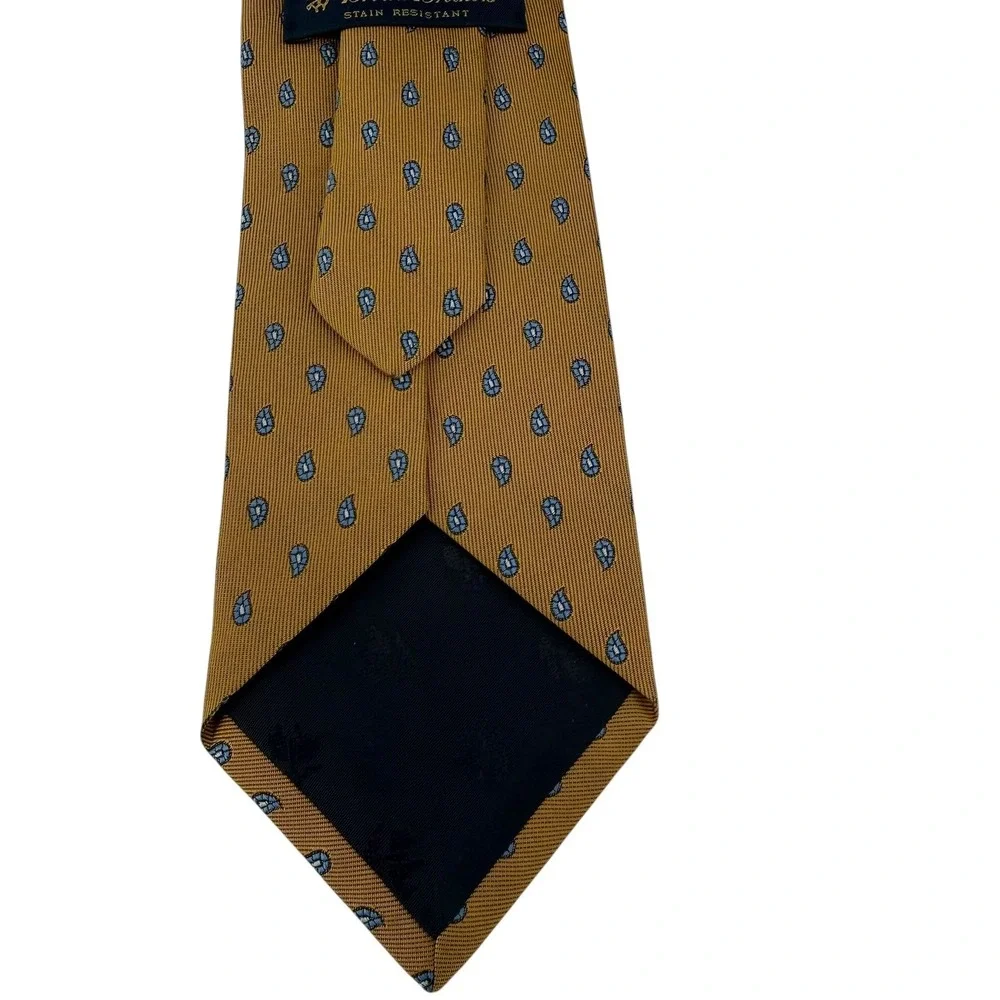 Brooks Brothers Mustard‎ Gold Paisley Silk Tie Blue Teardrop Stain Resistant USA